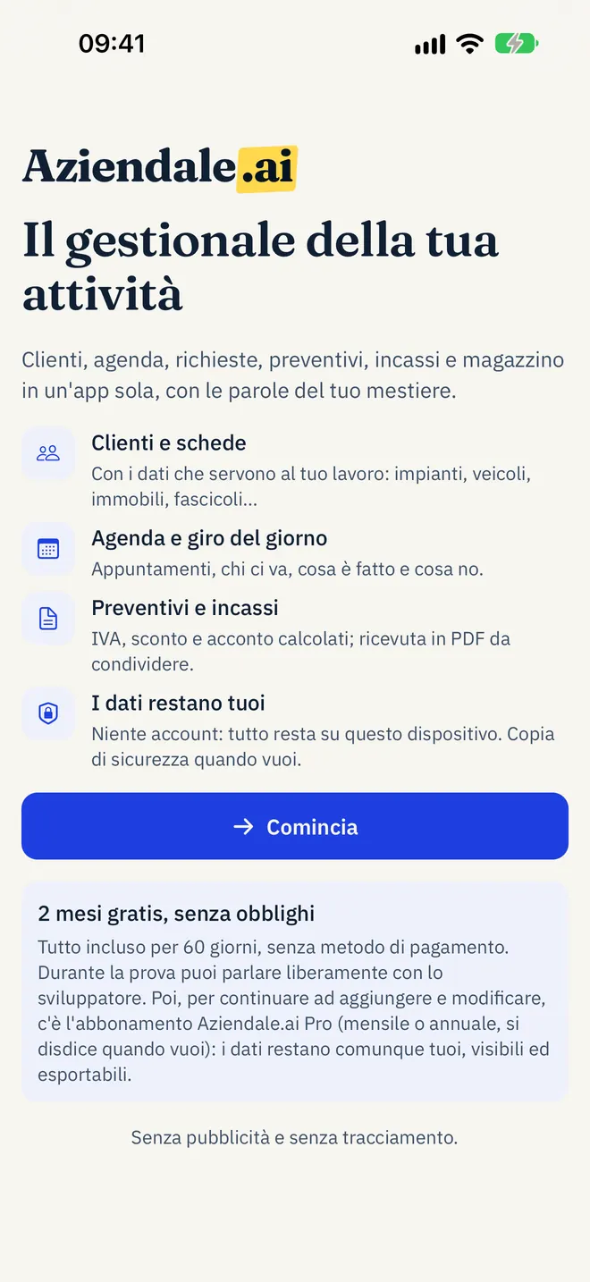 Schermata di benvenuto dell'app: il gestionale della tua attività, con clienti, agenda, preventivi, incassi e i 2 mesi gratis