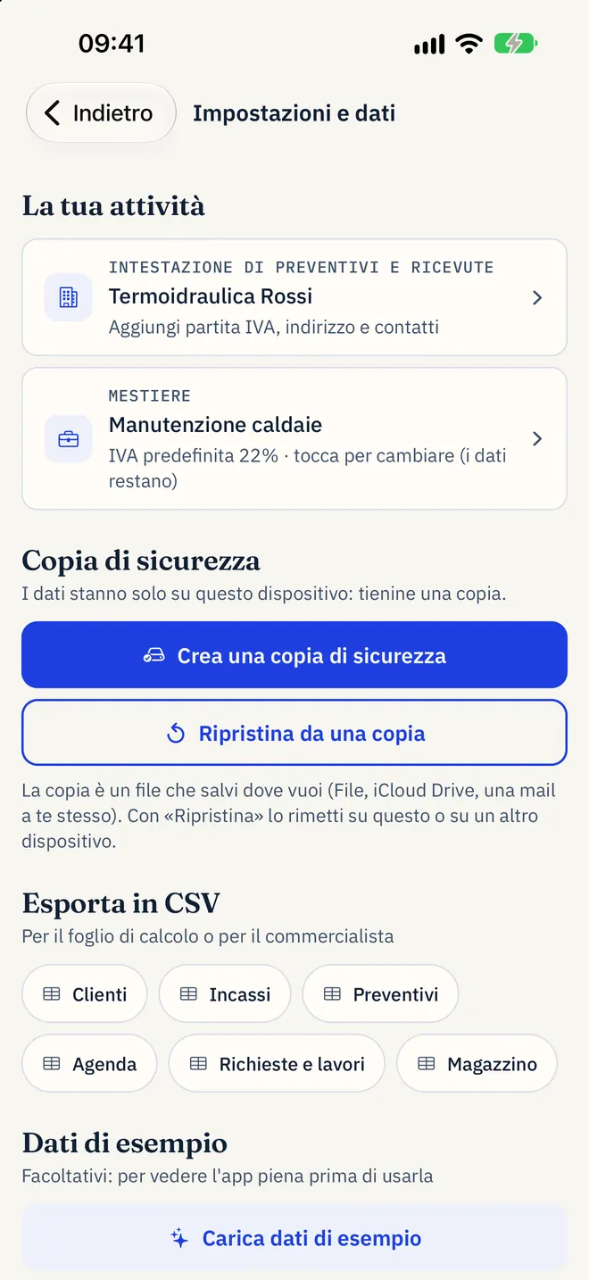 Impostazioni e dati: copia di sicurezza, ripristino ed esportazione in CSV di clienti, incassi e preventivi