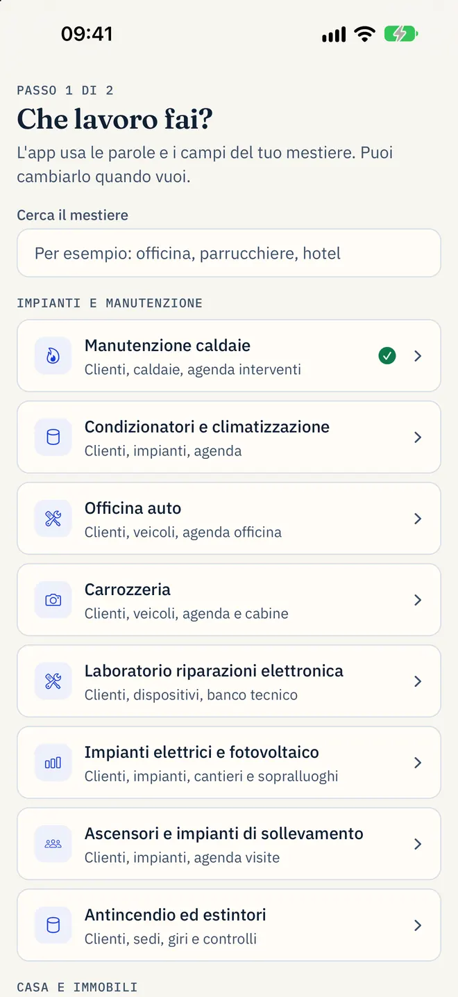 Schermata «Che lavoro fai?» con l'elenco dei mestieri: manutenzione caldaie, condizionatori, officina auto, carrozzeria