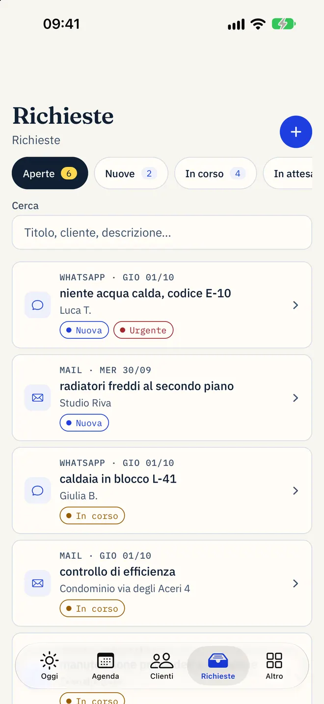Elenco delle richieste aperte con canale, urgenza e stato di ognuna