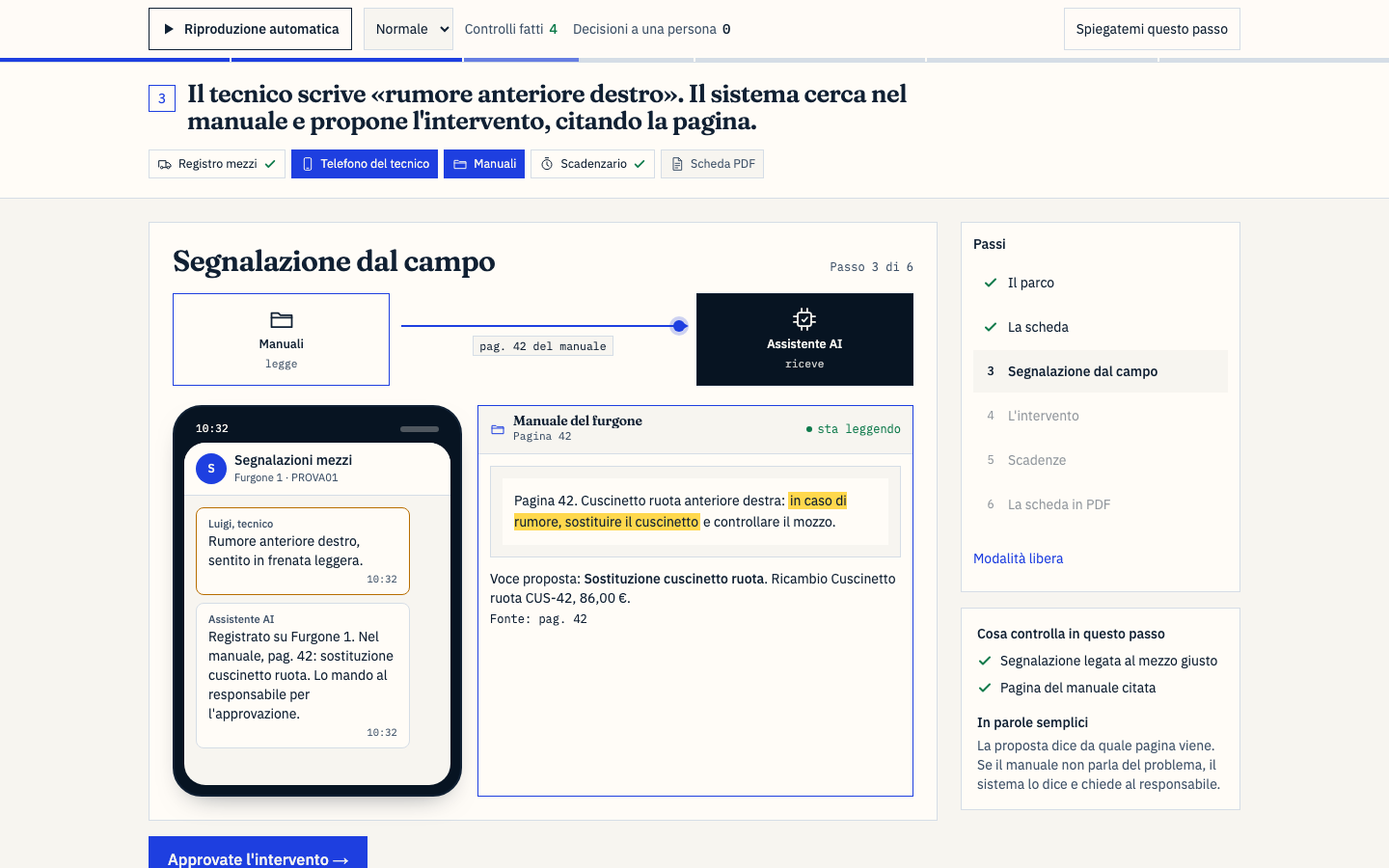 Apertura di un intervento con pezzi usati e note di lavorazione