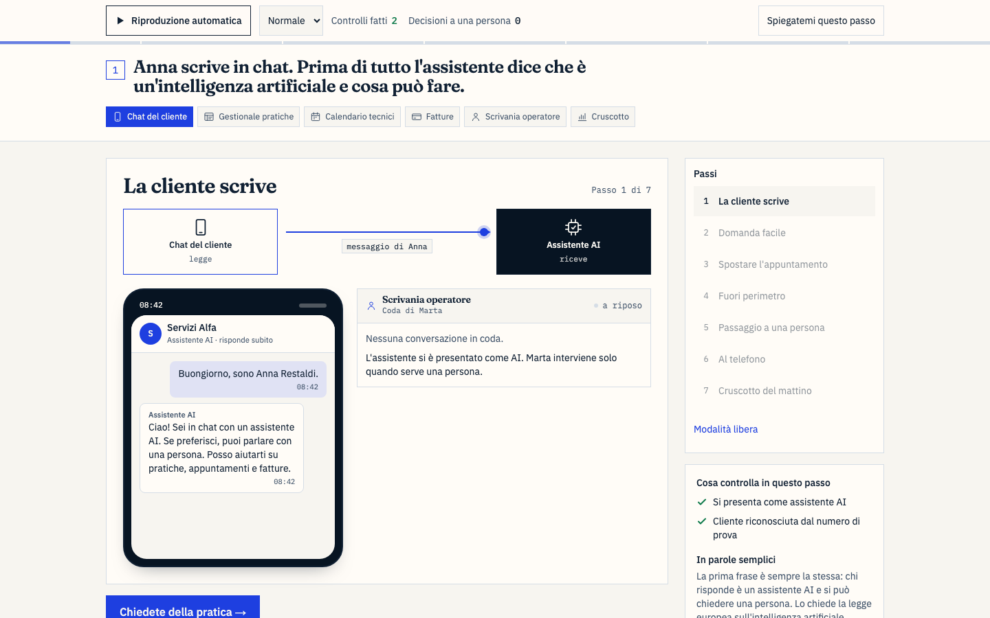 Il cliente apre la chat sul sito e legge subito che parla con un assistente AI