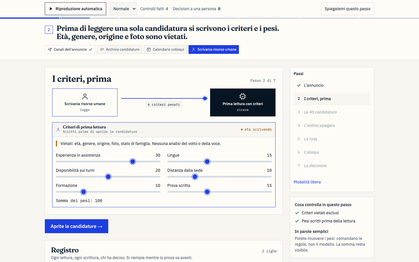 Criteri scritti prima della lettura: esperienza, lingue, turni, distanza, formazione, prova scritta